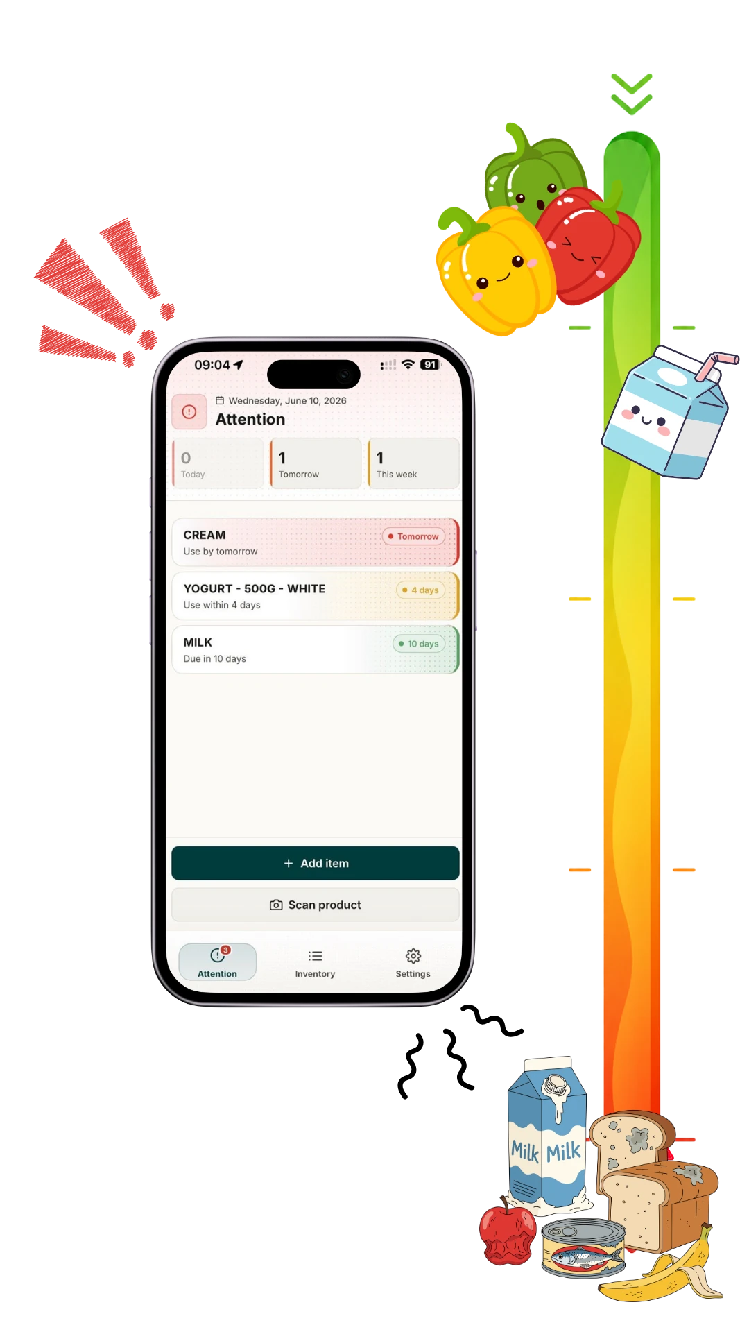 The SCADO app showing food sorted by expiry urgency
