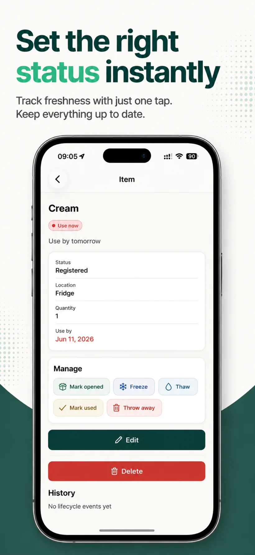 SCADO item detail showing status, location and use-by date, with one-tap actions to mark opened, freeze, thaw or used